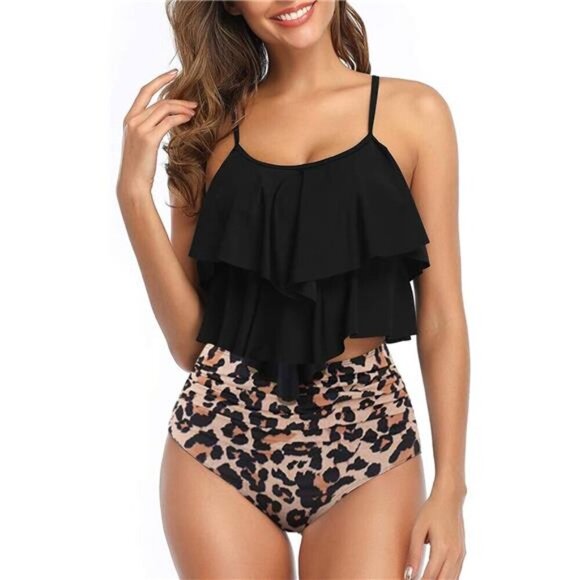 High Waisted Flounce Halter Bikini Tummy Control Modest Swimwear 2-Piece